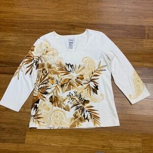 Chico's White Blouse with Gold and Brown Botanical Print